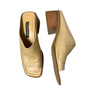Westies Vintage Tan Square Toe Leather Chunky Heeled Mules size 7.5